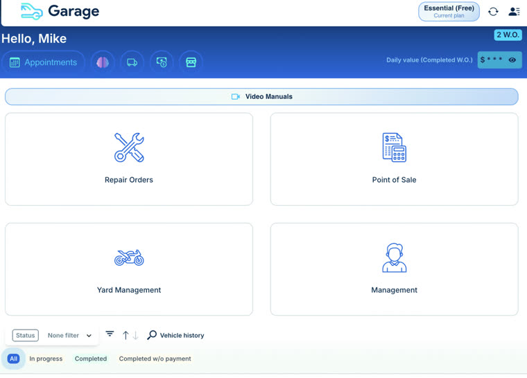 Garage dashboard showing Repair Orders, Point of Sale, Yard Management and Management
