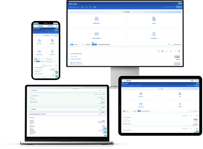 Garage running on a phone, a desktop monitor, a laptop and a tablet